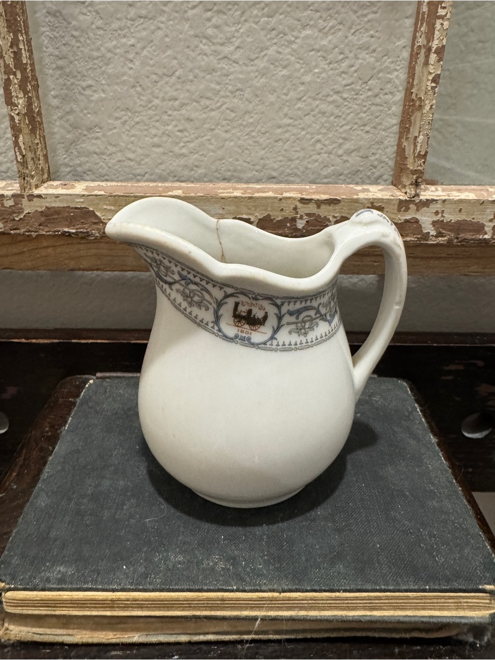 Vintage White Ceramic Pitcher with Blue Trim - NY Railroad